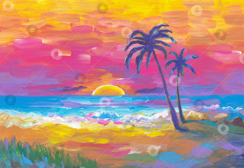 Скачать Пальмы на фоне потрясающего и красочного заката на пляже. Солнце, пляж, пальмы, море, пейзаж с волнами. Красочное абстрактное произведение искусства, раскрашенное вручную. Тропический пейзаж для отдыха. Райский морской пейзаж Гавайев. фотосток Ozero