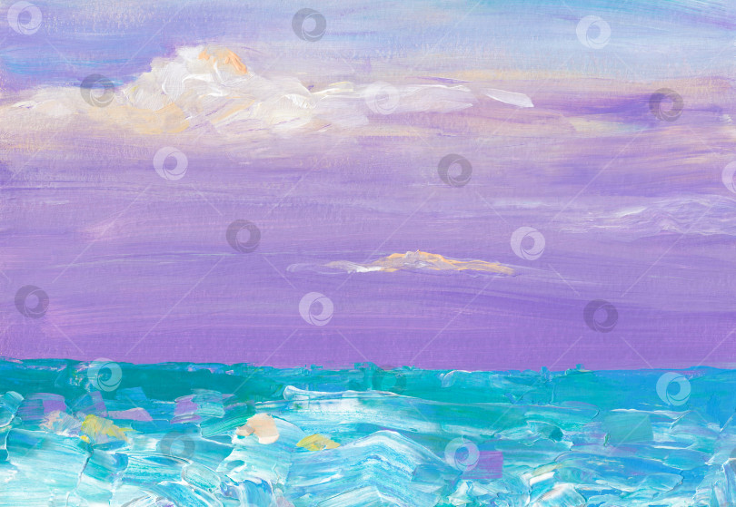 Скачать Абстрактная картина с морским пейзажем на закате. Акриловая пастель фиолетового и зеленого цветов с морским пейзажем. Закат на воде современное искусство. фотосток Ozero