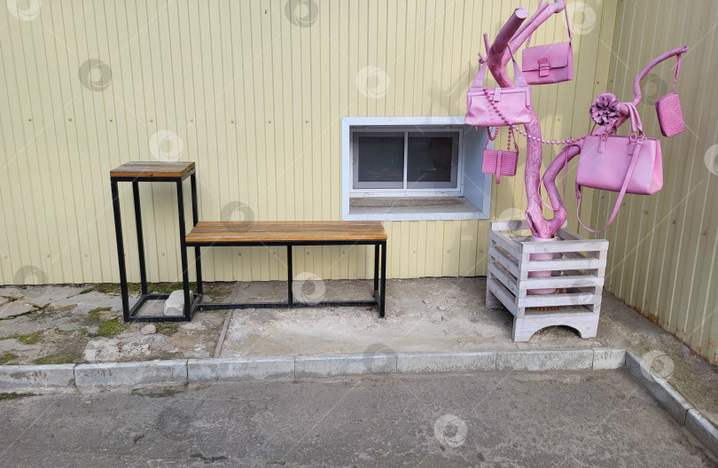 Скачать Рыбинск, Россия, 10.06.2025 На улице, возле скамейки, вешает розовую сумку с бисером на ветку на сером фоне фотосток Ozero