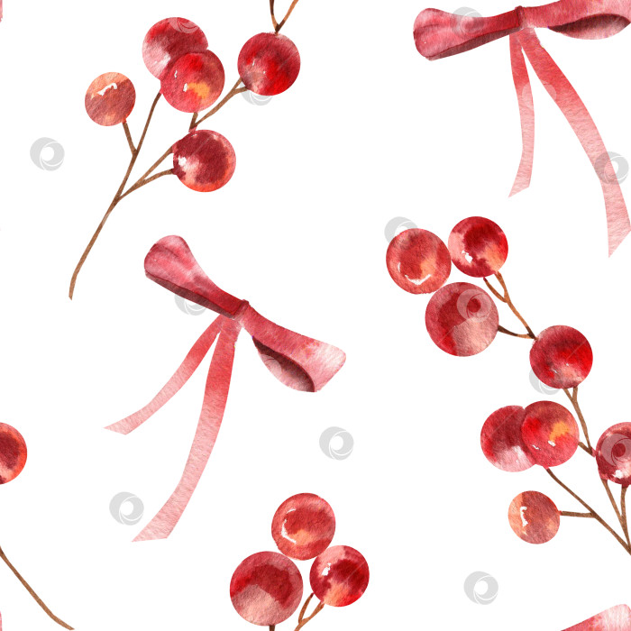 Скачать Рождественский и новогодний акварельный бесшовный узор с красными ягодами на стебле и праздничным бантом. Нарисованный вручную праздничный зимний фон с цветочными элементами для упаковки фотосток Ozero