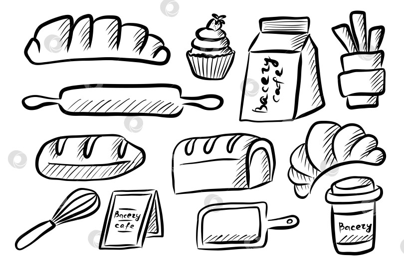 Скачать Рисованный от руки набор для выпечки и кафе с хлебом и круассанами фотосток Ozero