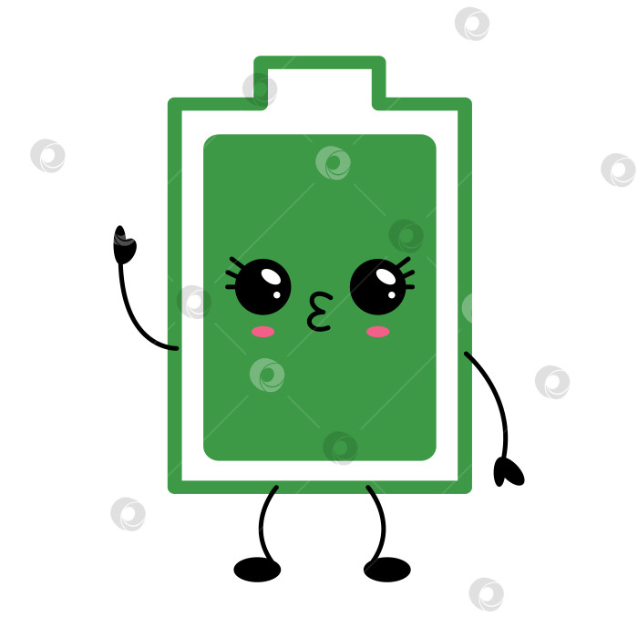 Скачать Очаровательный кавайный персонаж с зеленой батарейкой и милым выражением лица фотосток Ozero