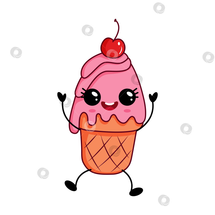 Скачать Симпатичный кавайный персонаж розового мороженого с вишенкой сверху фотосток Ozero