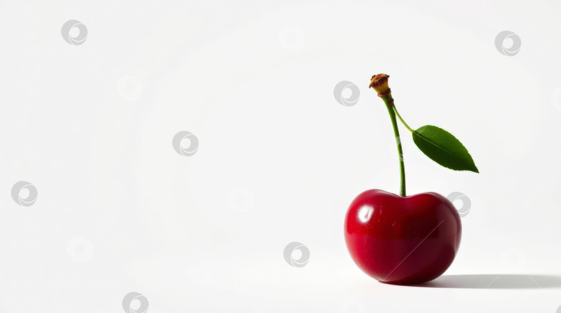 Скачать Яркая Одиночная Вишня с листьями в драматическом кинематографическом стиле на Чистом Белом фоне фотосток Ozero