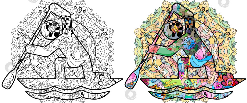 Скачать Значок "Спринт на каноэ" на мандале для раскрашивания. Олимпийский вид спорта. Абстрактный рисунок от руки. фотосток Ozero