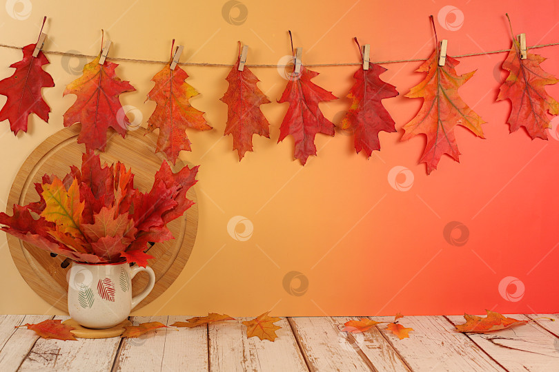 Скачать Креативная осенняя композиция и баннер для оформления. Пустой, современный, элегантный стол-витрина с кленовыми листьями - осенняя концепция в стиле минимализма. Поздравительная открытка с Днем благодарения. фотосток Ozero