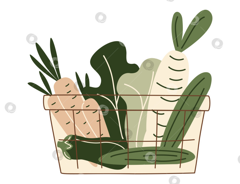 Скачать Корзина для покупок, заполненная продуктами здорового питания из супермаркета или фермерского рынка. Овощи и зелень - безотходная упаковка, идеально подходящая для экологичного дизайна. Векторная иллюстрация в органическом плоском стиле. фотосток Ozero