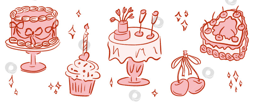 Скачать Забавный рисунок-каракули с Днем рождения для вечеринки с башней из шампанского, тортом, шляпой и подарком. Нарисованный вручную векторный эскиз воздушного шара и конфетти для ужина или юбилея. Забавный эскизный дизайн для праздничного мероприятия. фотосток Ozero