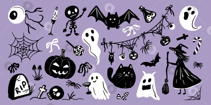 Скачать Симпатичные эскизные иллюстрации в стиле Хэллоуина с гирляндой из вымпелов, призраками, тыквами, ведьмами и летучими мышами для вечеринки. Черная кошка, паук добавляют жуткий шарм для украшения вечеринки или векторного оформления фона. фотосток Ozero