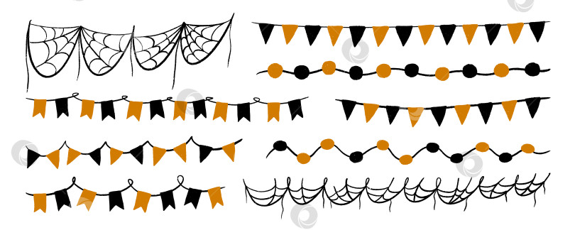 Скачать Паутинная лента на Хэллоуин и баннер-вымпел для праздничного оформления вечеринки. Черная веревочная цепочка из паутины с простыми нарисованными от руки линиями. Шаблон осенней ярмарки для жуткого дизайна открыток. Изолированная векторная иллюстрация фотосток Ozero