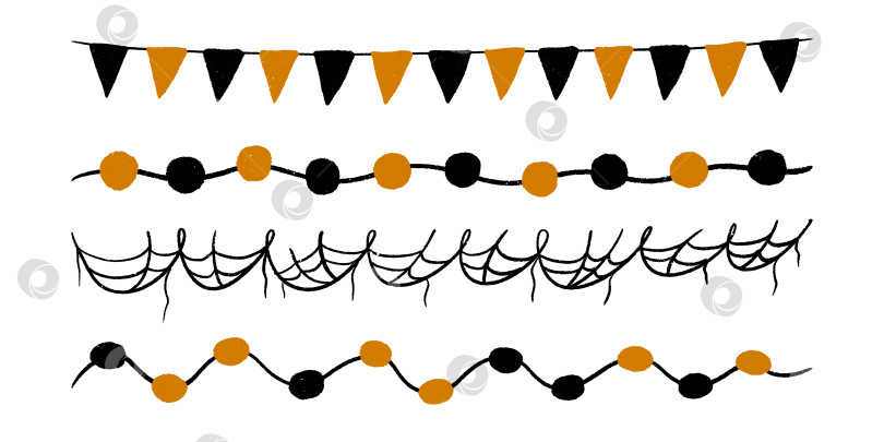 Скачать Паутинная гирлянда на Хэллоуин и баннер-вымпел из паутины для праздничного оформления вечеринки. Черная веревочная цепочка с простыми линиями, нарисованными от руки. Осенняя гирлянда для ярмарочной площади для жуткого оформления открыток. Изолированная векторная иллюстрация фотосток Ozero