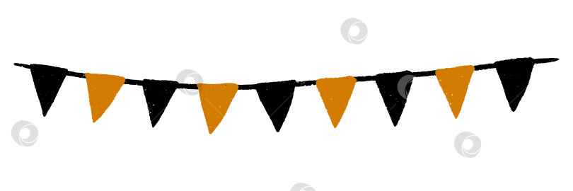Скачать Гирлянда-вымпел на Хэллоуин и баннер с треугольными флагами из овсянки для праздничного оформления вечеринки. Нарисованная вручную оранжевая и черная веревочная цепь. Шаблон осенней ярмарки для жуткой открытки. Изолированная векторная иллюстрация фотосток Ozero