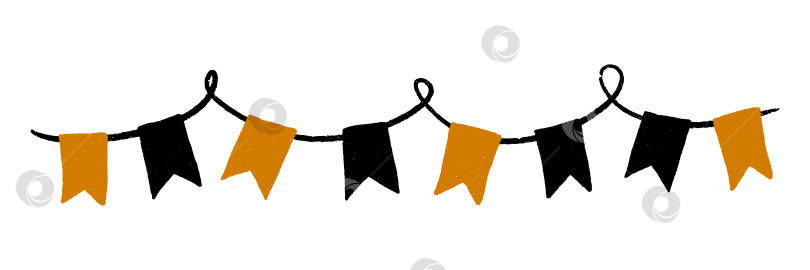 Скачать Рождественские флажки и гирлянда-вымпел для праздничного декора вечеринки. Нарисованная вручную черно-оранжевая веревочная цепочка. Осенний ярмарочный серпантин для жуткого оформления открыток. Изолированная векторная иллюстрация фотосток Ozero