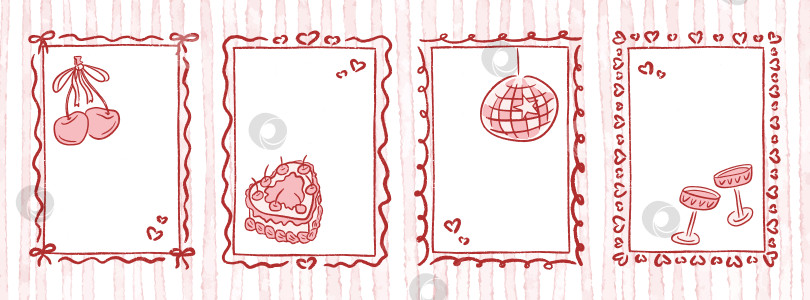 Скачать Причудливые рамки для девичника, нарисованные вручную. Торт с вишней и сердечком, дискотечный шар или бокал для мартини для свадьбы, дня рождения и открытки на день Святого Валентина. Модная векторная иллюстрация в виде каракулей фотосток Ozero