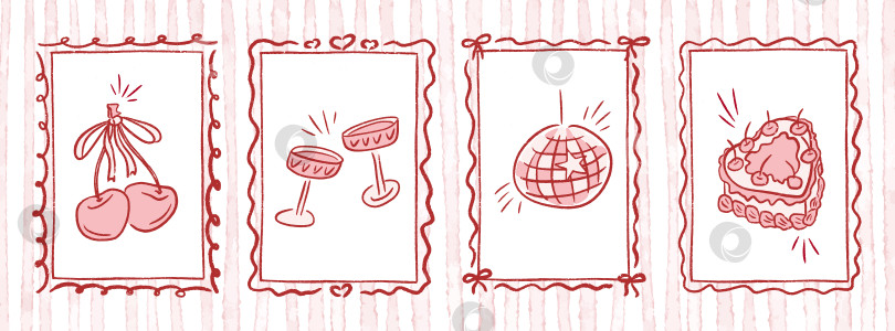 Скачать Нарисованная вручную рамка для девичника с причудливой кокеткой. Торт в виде сердца и вишенки с бантом из ленты, дискотечный шар или бокал для мартини для свадьбы, дня рождения и плаката на день Святого Валентина. Модная векторная иллюстрация в виде каракулей фотосток Ozero