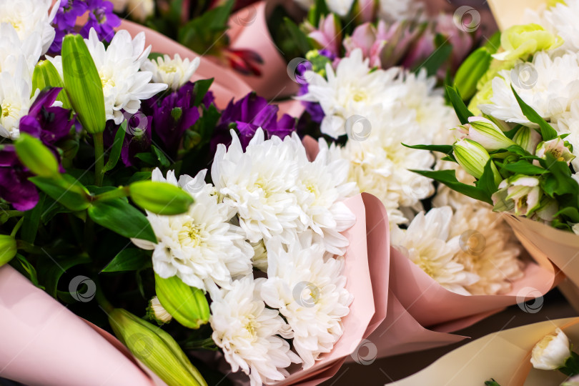 Скачать Элегантный букет из белых хризантем с фиолетовыми акцентными цветами фотосток Ozero