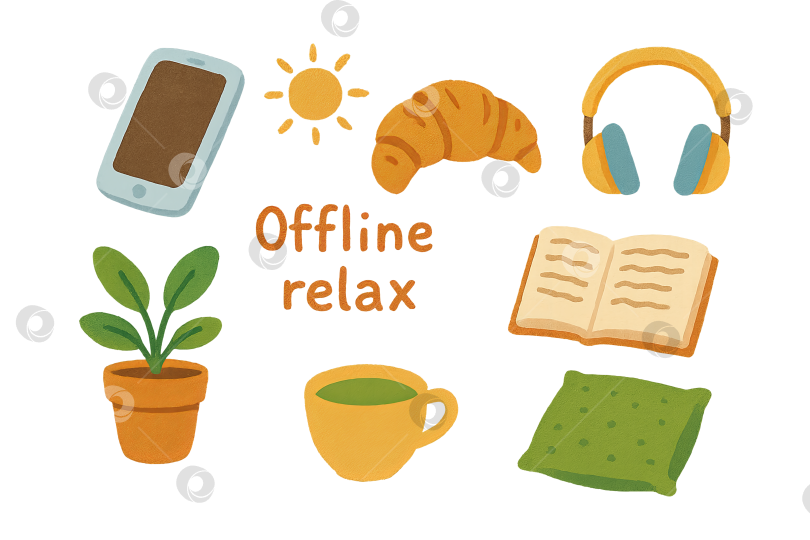 Скачать Цифровая иллюстрация темы offline relax с объектами на прозрачном фоне фотосток Ozero