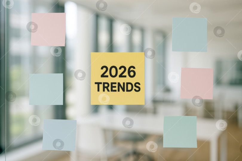 Скачать Стикеры с тенденциями 2026 года на офисном окне, концепция, фон фотосток Ozero