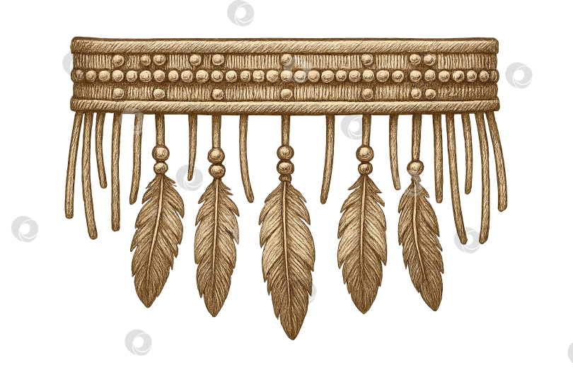 Скачать Украшение из перьев, посвященное Дню коренных народов, выполнено в золотых тонах на белом фоне. Изолированно на прозрачном фоне фотосток Ozero