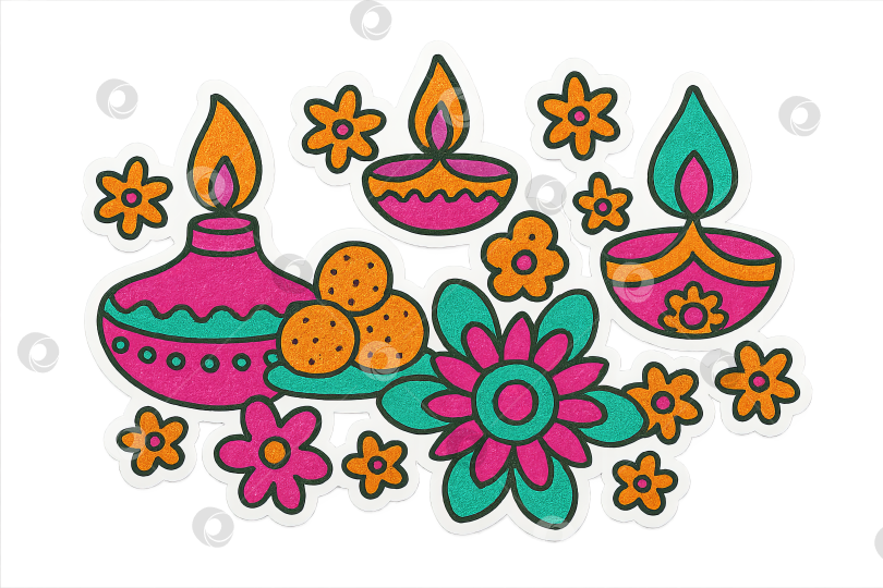 Скачать Иллюстрация Дивали дияс и цветы с яркими цветами, изолированный дизайн в формате png фотосток Ozero