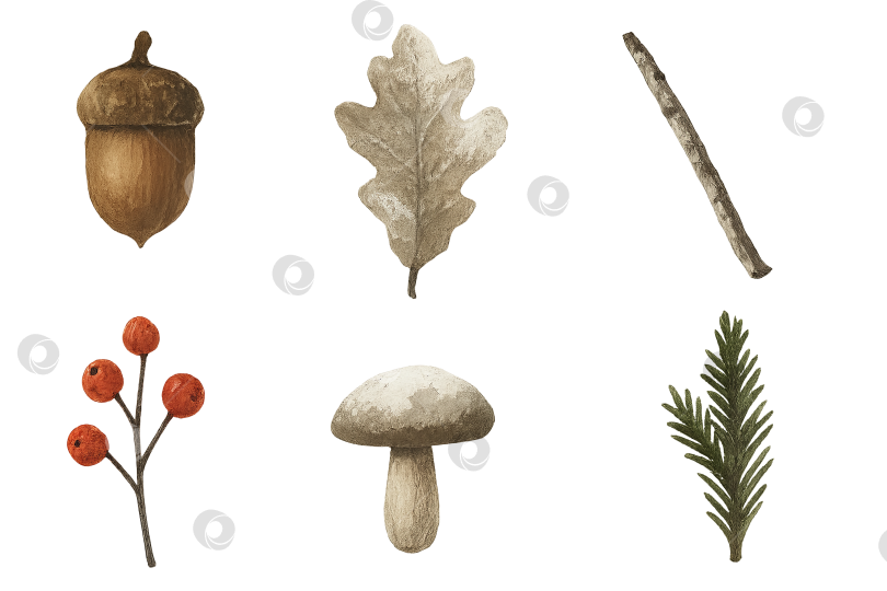 Скачать Зимние элементы, выполненные акварелью, включают желудь, листья, ягоды и грибы. Они выделены на прозрачном фоне фотосток Ozero