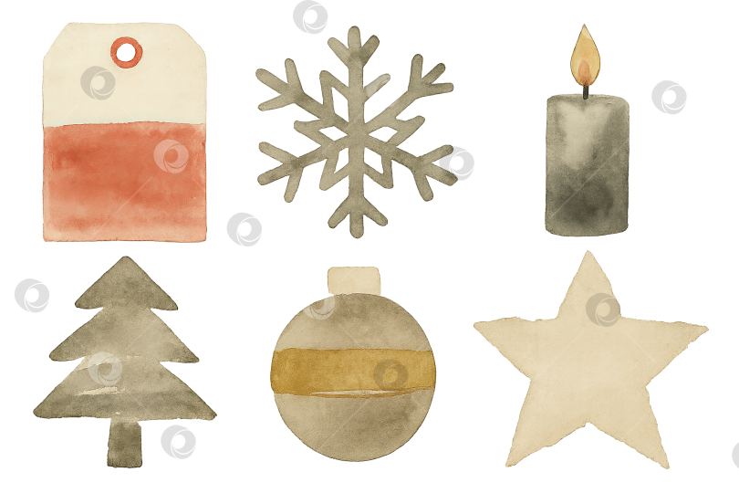 Скачать Акварельные рождественские иконки, включающие звезду, свечу, елку на прозрачном фоне фотосток Ozero