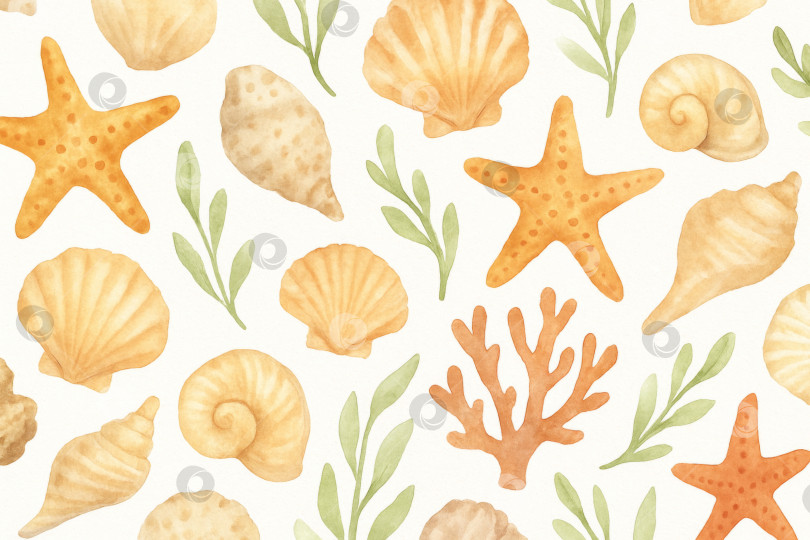 Скачать Узор из ракушек морских обитателей с элементами морских звезд и кораллов, фон фотосток Ozero