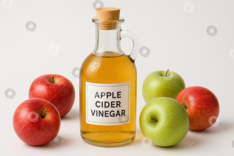 Скачать Бутылка яблочного уксуса с красными и зелеными яблоками, подходящая для приготовления различных блюд фотосток Ozero