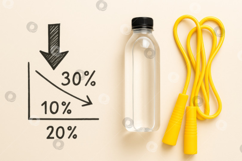 Скачать Концепция фитнеса с бутылкой воды и желтой скакалкой на плоском фоне фотосток Ozero