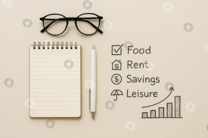 Скачать Концепция flatlay для управления бюджетом с контрольным списком и возрастающей диаграммой фотосток Ozero