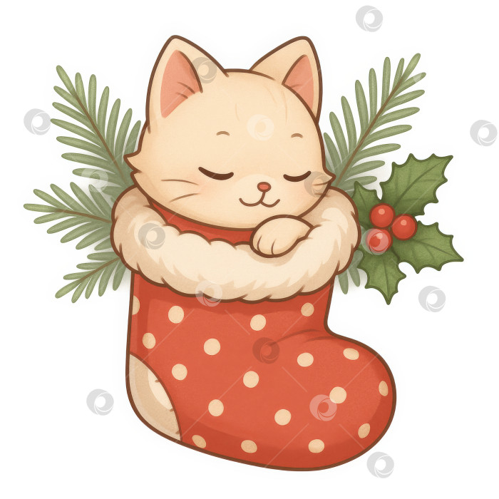Скачать Симпатичный аниме-кот в рождественском чулке на фоне праздничной зелени фотосток Ozero