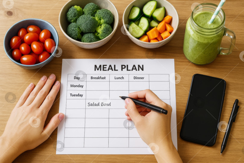 Скачать Планирование здорового питания с использованием овощного ассорти и смузи, место для копирования фотосток Ozero