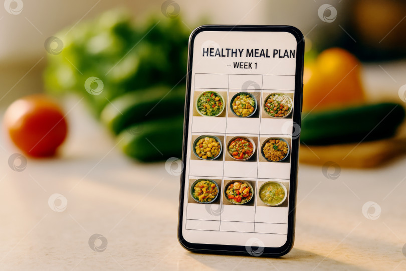 Скачать План здорового питания, отображаемый на экране смартфона, с овощами в фоновом режиме фотосток Ozero