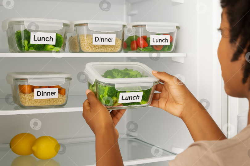 Скачать Контейнеры для приготовления пищи в холодильнике с полезными блюдами, овощами и этикетками фотосток Ozero