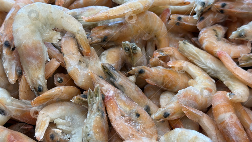 Скачать Замороженные креветки, уложенные плотной стопкой, подчеркивают текстуру морепродуктов и детали кулинарного оформления фотосток Ozero