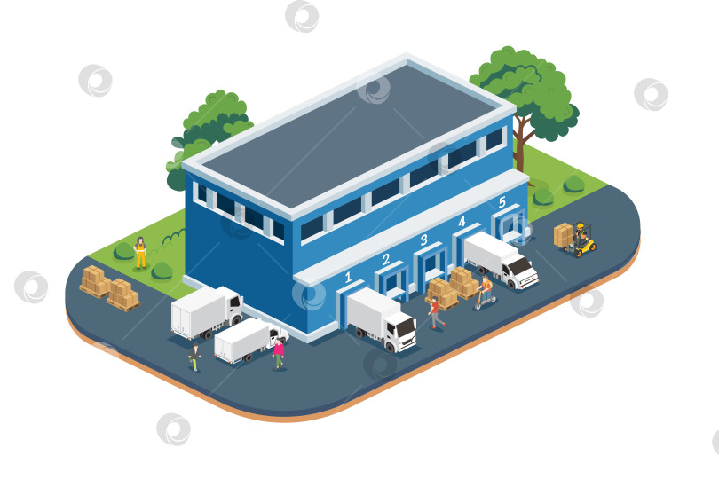 Скачать Изометрический современный распределительный логистический центр. Складские помещения с погрузочными площадками, грузовиками, поддонами и коробками выделены белым цветом. Терминал погрузки-разгрузки. фотосток Ozero