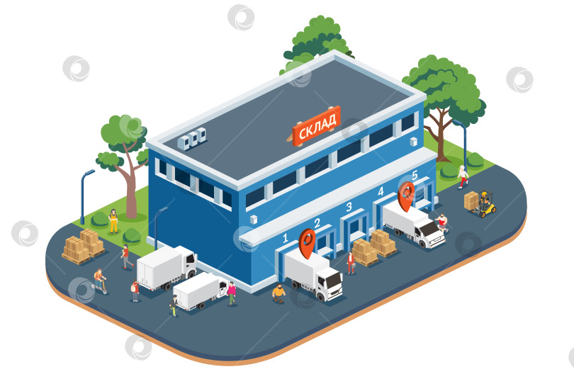 Скачать Изометрический склад с грузовиками, погрузчиком, рабочими и коробками на паллетах. Погрузочные доки. Маркер местоположения над грузовиками. Обработка грузов. Иллюстрация. фотосток Ozero
