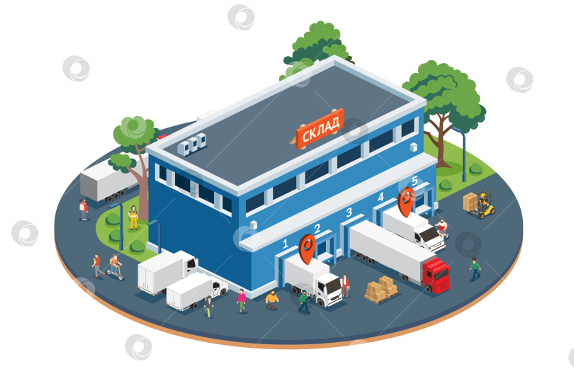 Скачать Изометрический склад с грузовиками, погрузчиком, рабочими и коробками на паллетах. Погрузочные доки. Маркер местоположения над грузовиками. Обработка грузов. Иллюстрация. фотосток Ozero