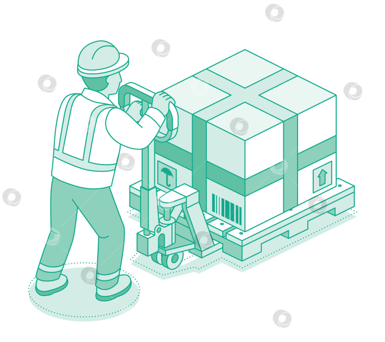 Скачать Рабочий с изометрическим рисунком, перемещающий штабелированные коробки на тележке для поддонов. Концепция логистики, склада и транспортировки грузов. фотосток Ozero