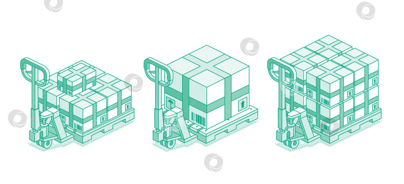 Скачать Тележка для паллет изометрической формы со штабелями коробок на поддонах. Концепция складской логистики, доставки грузов и хранения. фотосток Ozero