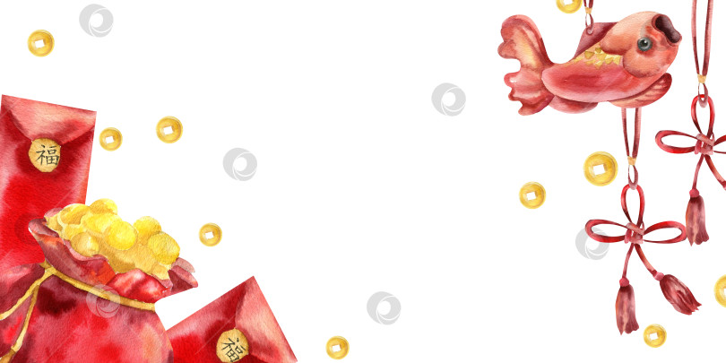 Скачать Шаблон китайского праздничного баннера с золотыми монетами в мешочке и красными конвертами, азиатскими узелками на удачу и акварельной иллюстрацией в виде рыбы-карпа. Праздничный плакат по лунному Новому году в азиатском стиле, дизайн открытки фотосток Ozero