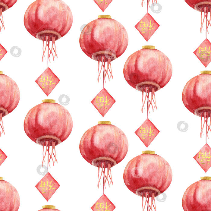 Скачать Новогодний праздничный узор по азиатскому лунному календарю, выполненный в виде акварельного фонаря из красной бумаги, украшенного висячим знаком с иероглифом "Фу", что в переводе означает "счастье и удача". Цветной фон фотосток Ozero