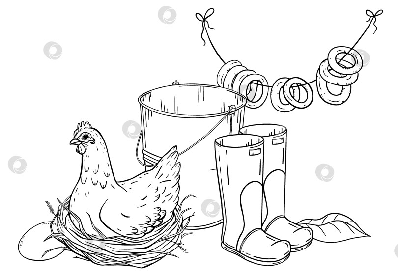 Скачать Тушью изображен цыпленок рядом с ведерком для мытья посуды, резиновыми сапогами и подвесными бубликами. Отлично подходит для принтов на деревенскую тематику, упаковки, брендинга сельской местности и оформления фермерского образа жизни. фотосток Ozero