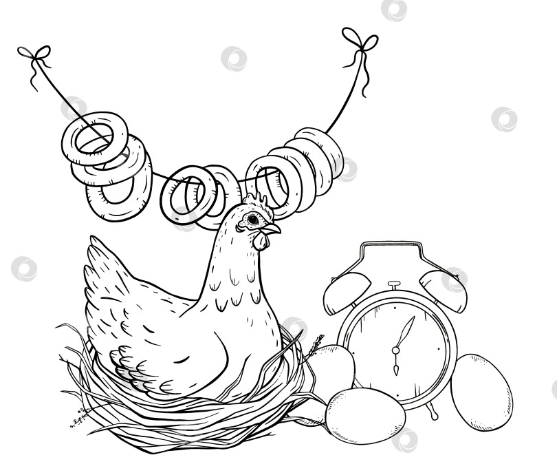 Скачать На иллюстрации тушью изображена курица, сидящая в гнезде, рядом висят рогалики и будильник. Идеально подходит для упаковки завтраков, экобрендинга, текстильных принтов и оформления загородного образа жизни. фотосток Ozero