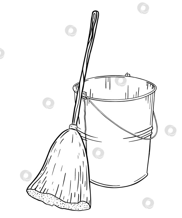 Скачать нарисованная вручную тушью композиция из ведра для уборки и метлы символизирует деревенские хлопоты. Идеально подходит для эко-упаковки, брендинга в стиле сельского образа жизни, иллюстраций, раскрасок и дизайна на домашнюю тематику. фотосток Ozero