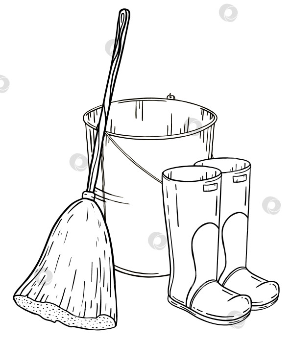 Скачать Нарисованная от руки тушью иллюстрация с изображением ведра для уборки, резиновых сапог и соломенной метлы, собранных вместе. Идеально подходит для экобрендинга домашнего хозяйства, упаковки, текстильного дизайна, плакатов, принтов на тему сельского образа жизни. фотосток Ozero