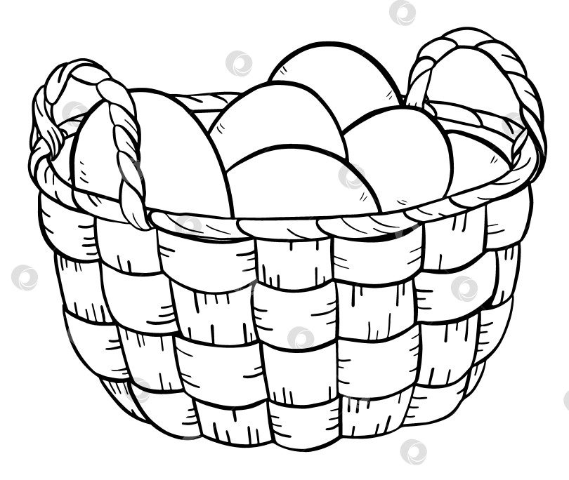 Скачать Монохромная рисованная иллюстрация, изображающая плетеную корзинку, наполненную яйцами. Классический рисунок тушью в деревенском стиле подходит для упаковки кухонных принадлежностей, пасхального дизайна, брендирования, текстиля и оформления изделий в деревенском стиле фотосток Ozero