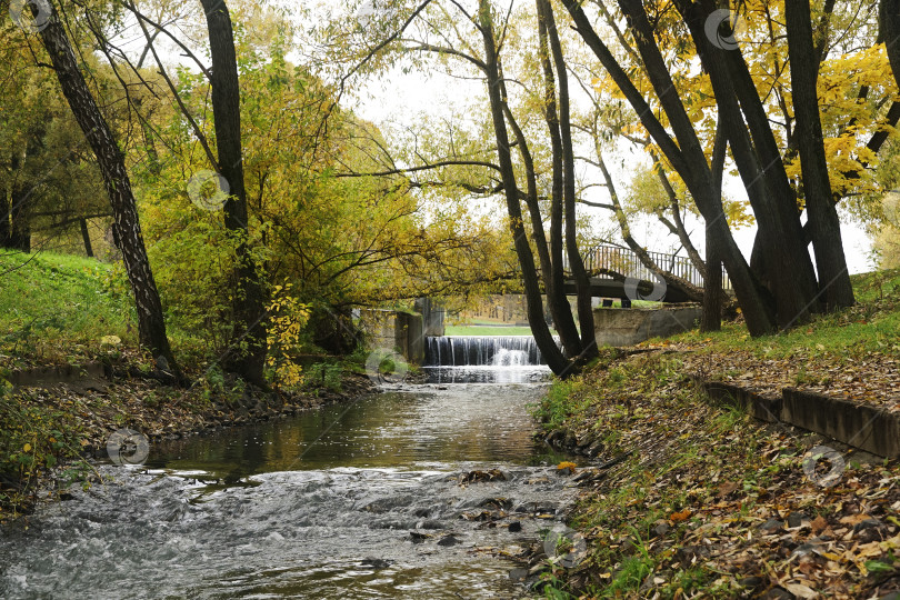 Скачать Река с водопадом и мостом в осеннем парке фотосток Ozero
