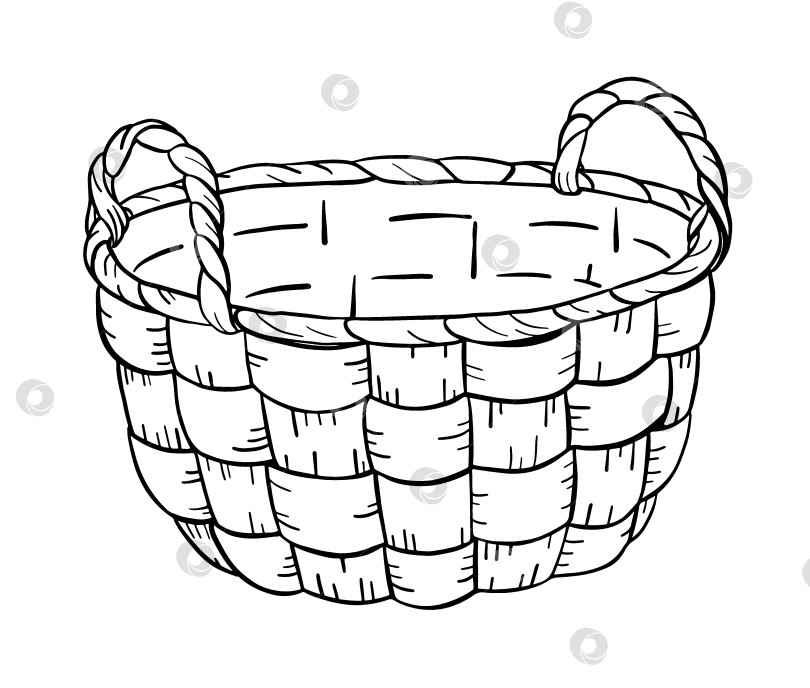 Скачать Плетеная корзина в деревенском стиле, выполненная по эскизам от руки. Классический сельский контейнер для сбора урожая, яиц, фруктов или хлеба. Предмет сельскохозяйственного назначения в винтажном и народном стиле. фотосток Ozero