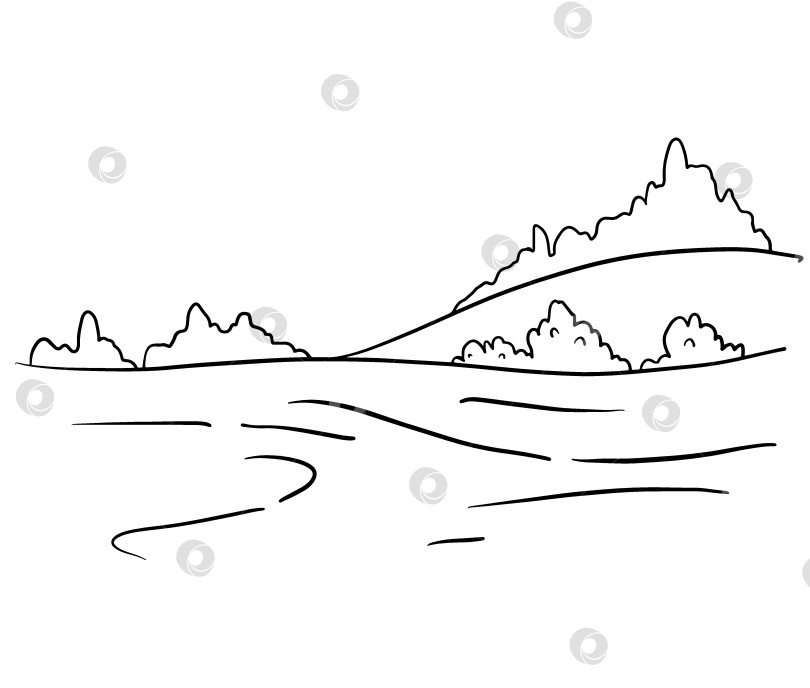 Скачать Пейзаж в стиле минимализма с горами, деревьями и полями в спокойных сельских пейзажах. Простой эскиз сельской местности идеально подходит для оформления природной тематики, иллюстрации путешествий или фоновых элементов. фотосток Ozero